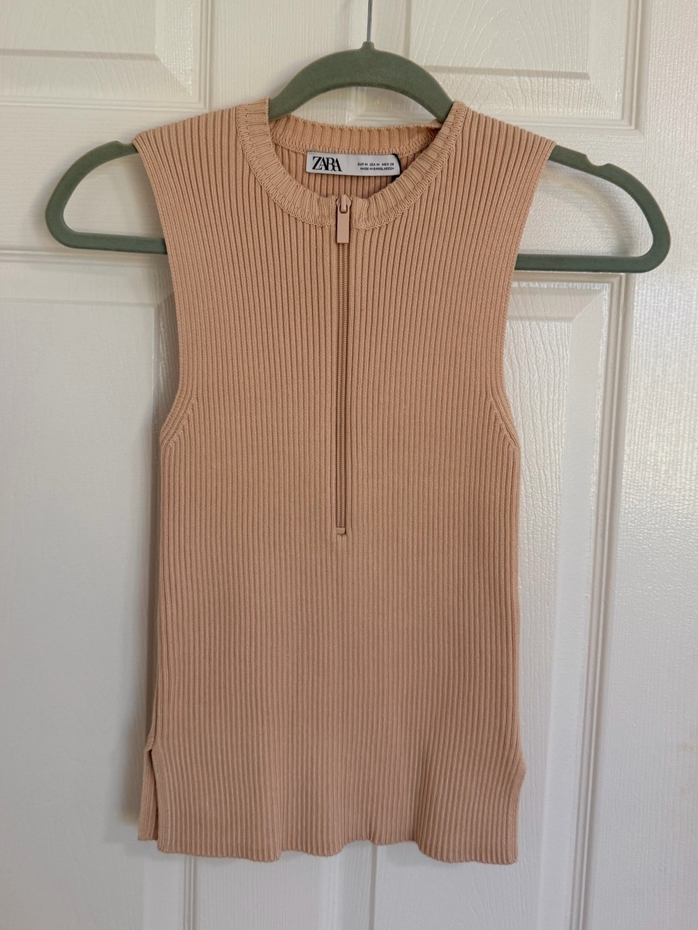 ZARA Ribbed Sleeveless Zip-Front Tank in Beige